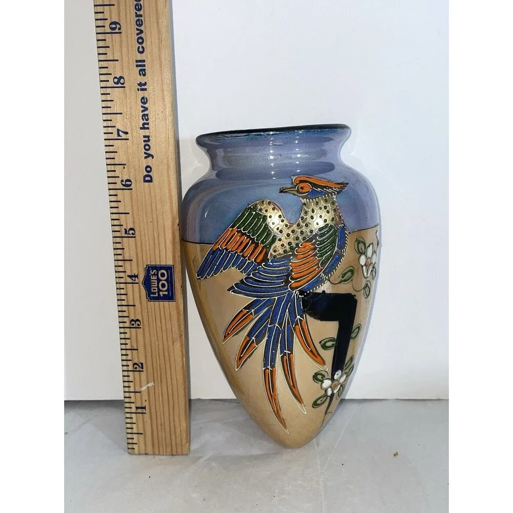 Vintage Japan Hand Painted Pheasant Lusterware Wall Pocket Vase ~7” Blue Beige